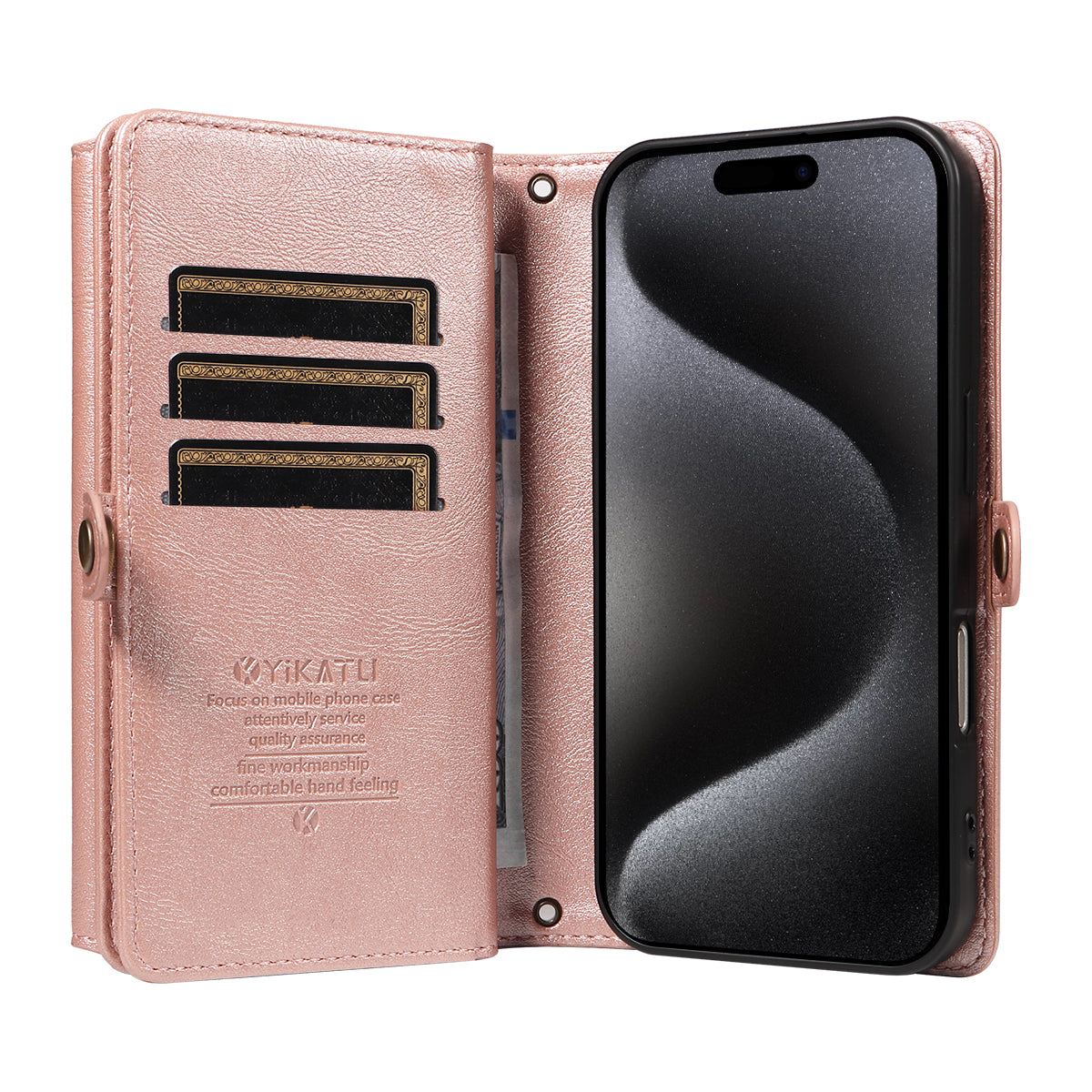For iPhone 15 Pro Case YIKATU YK-008 Zipper Wallet Leather Phone Cover with Shoulder Strap