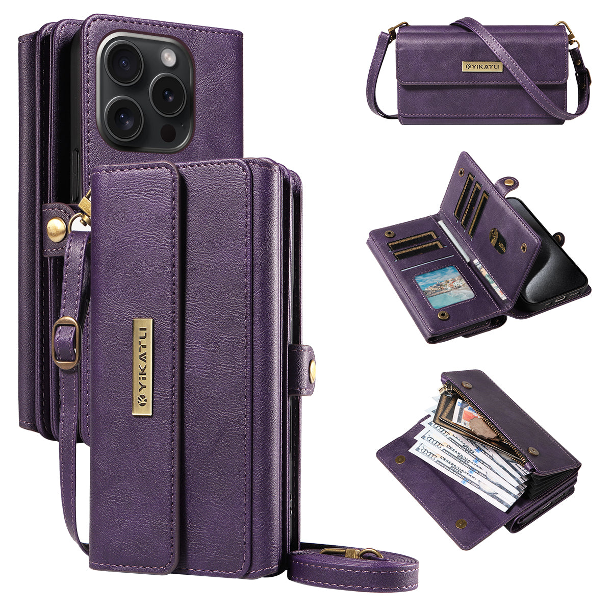For iPhone 15 Pro Case YIKATU YK-008 Zipper Wallet Leather Phone Cover with Shoulder Strap