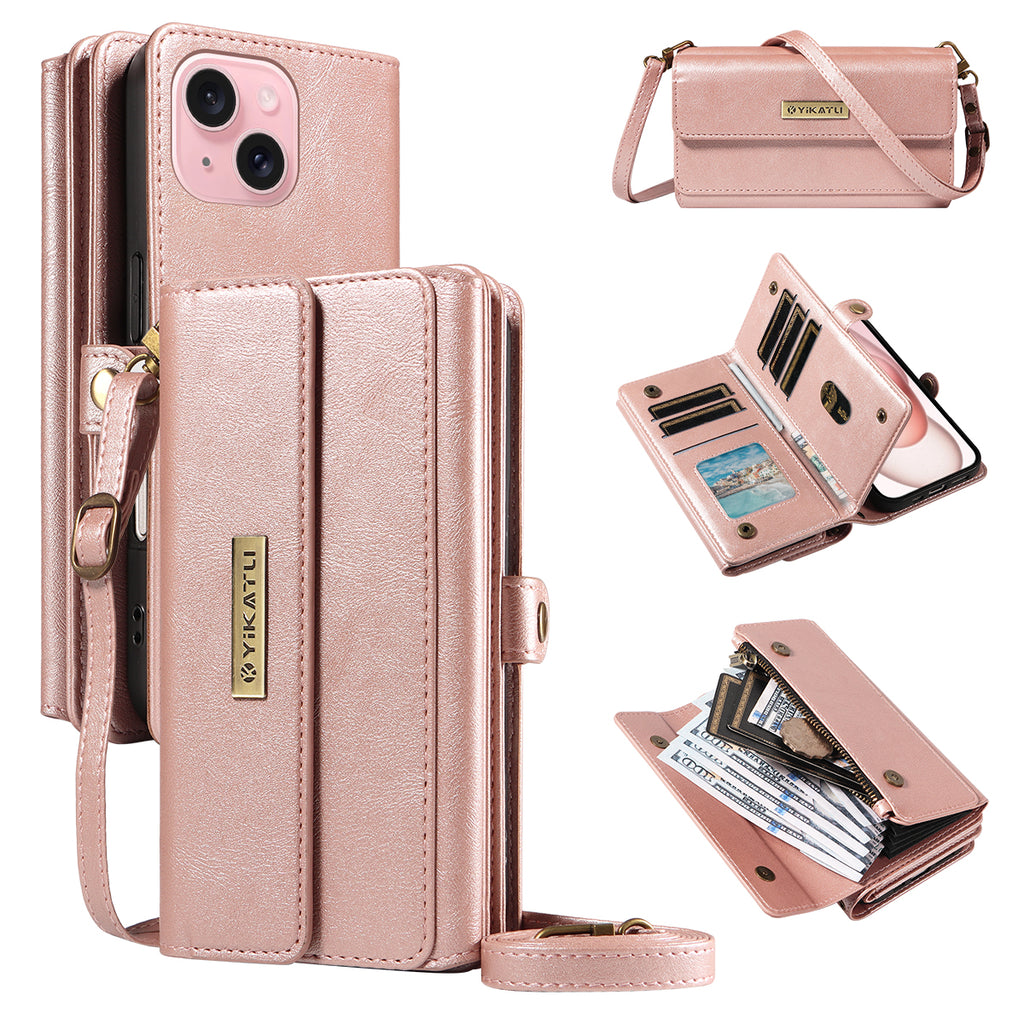 For iPhone 15 Case YIKATU YK-008 Zipper Wallet Leather Phone Cover with Shoulder Strap