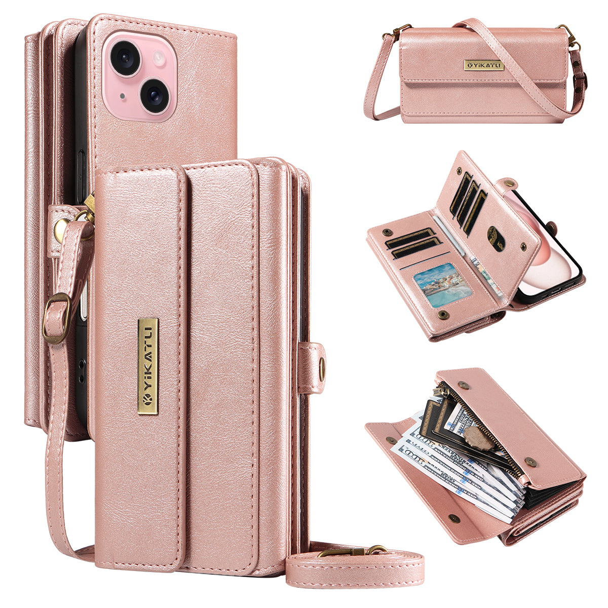 For iPhone 15 Case YIKATU YK-008 Zipper Wallet Leather Phone Cover with Shoulder Strap
