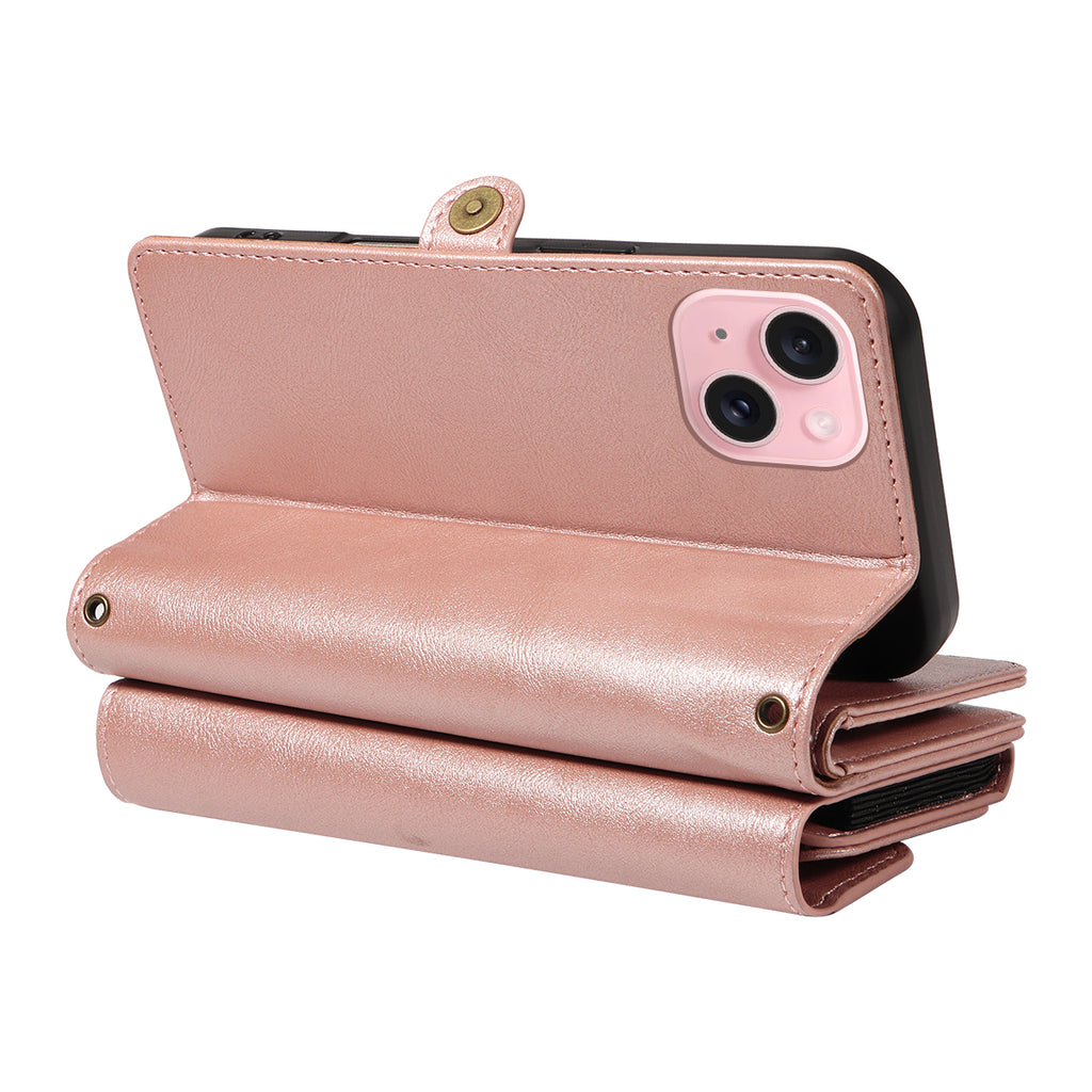 For iPhone 15 Case YIKATU YK-008 Zipper Wallet Leather Phone Cover with Shoulder Strap