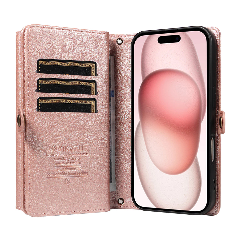 For iPhone 15 Case YIKATU YK-008 Zipper Wallet Leather Phone Cover with Shoulder Strap