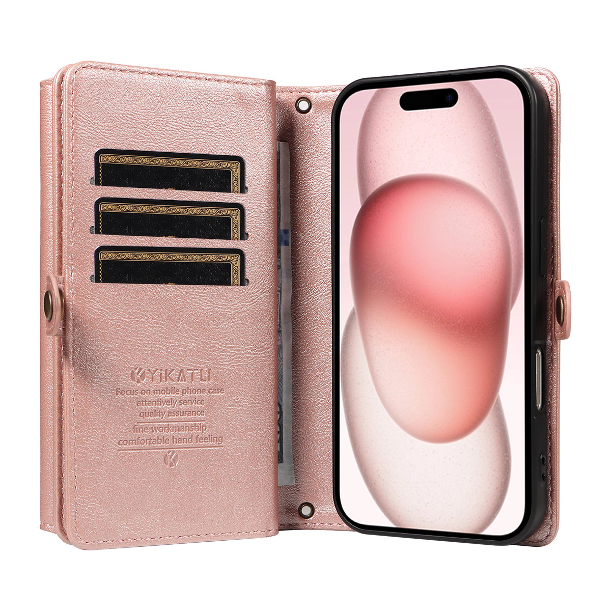 For iPhone 15 Case YIKATU YK-008 Zipper Wallet Leather Phone Cover with Shoulder Strap