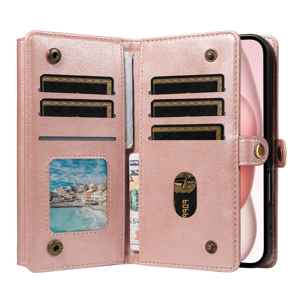 For iPhone 15 Case YIKATU YK-008 Zipper Wallet Leather Phone Cover with Shoulder Strap