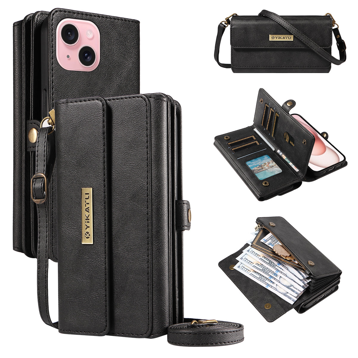 For iPhone 15 Case YIKATU YK-008 Zipper Wallet Leather Phone Cover with Shoulder Strap