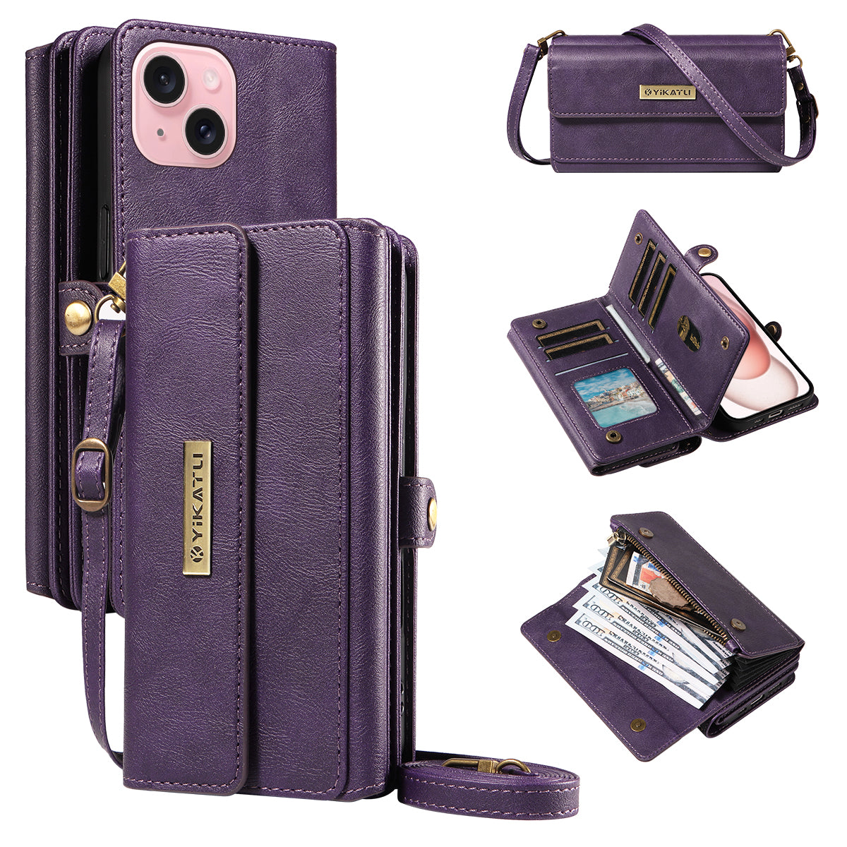 For iPhone 15 Case YIKATU YK-008 Zipper Wallet Leather Phone Cover with Shoulder Strap