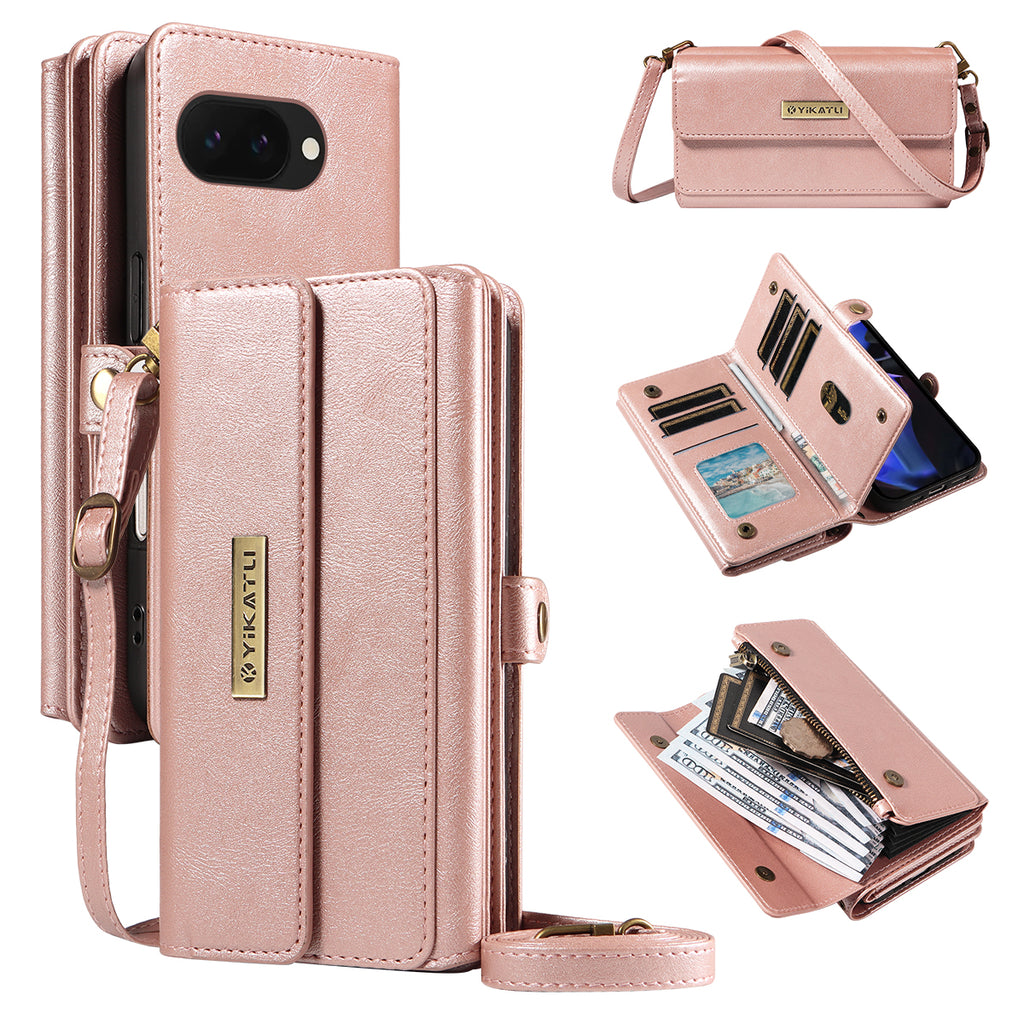 For Google Pixel 9a Case YIKATU YK-008 Zipper Wallet Leather Phone Cover with Shoulder Strap