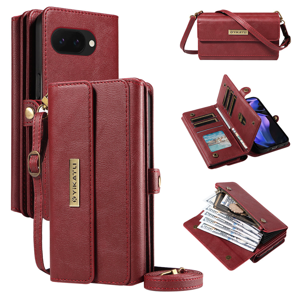 For Google Pixel 9a Case YIKATU YK-008 Zipper Wallet Leather Phone Cover with Shoulder Strap