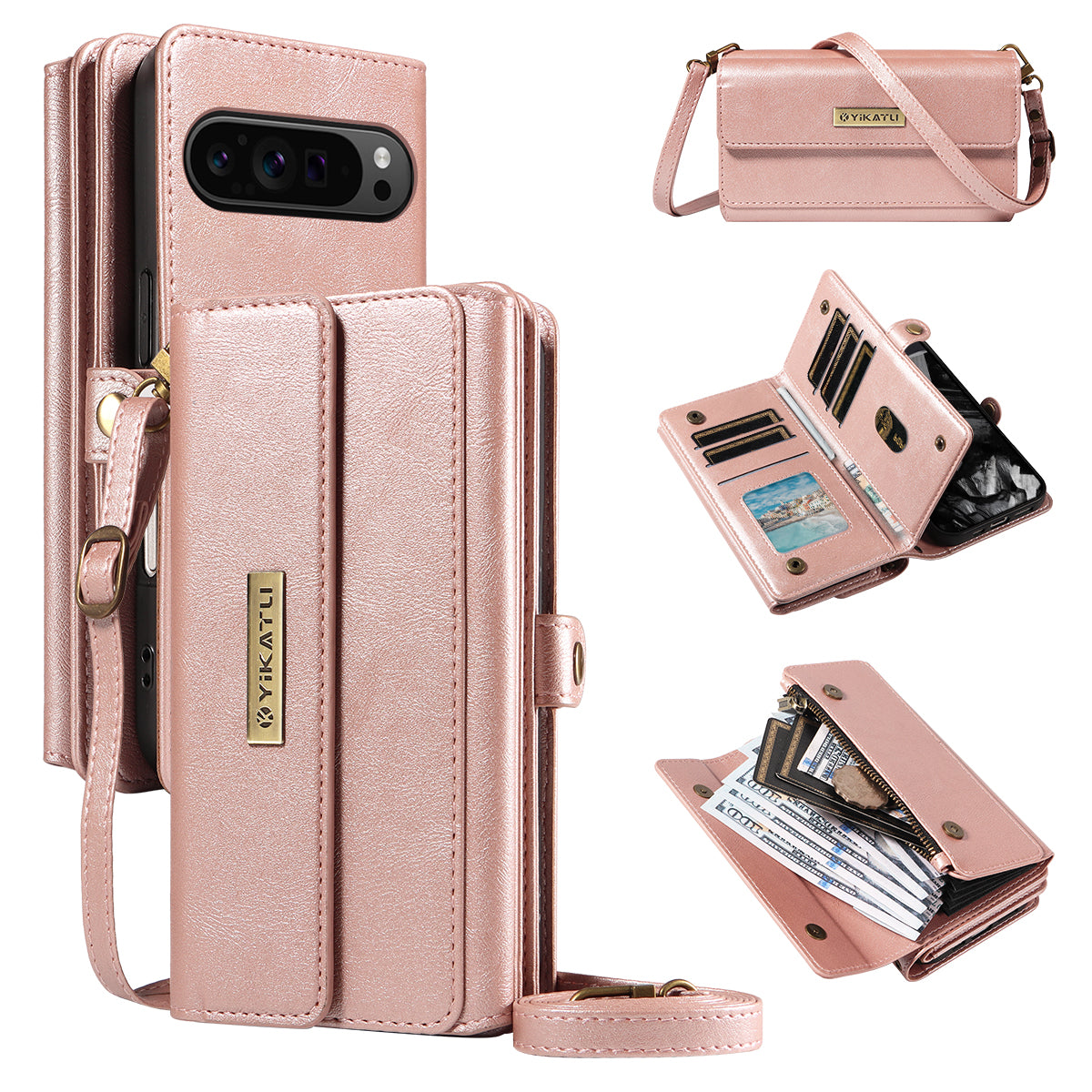 For Google Pixel 10 Pro / Google Pixel 9 / Google Pixel 9 Pro / Google Pixel 10 Case YIKATU YK-008 Zipper Wallet Leather Phone Cover with Shoulder Strap