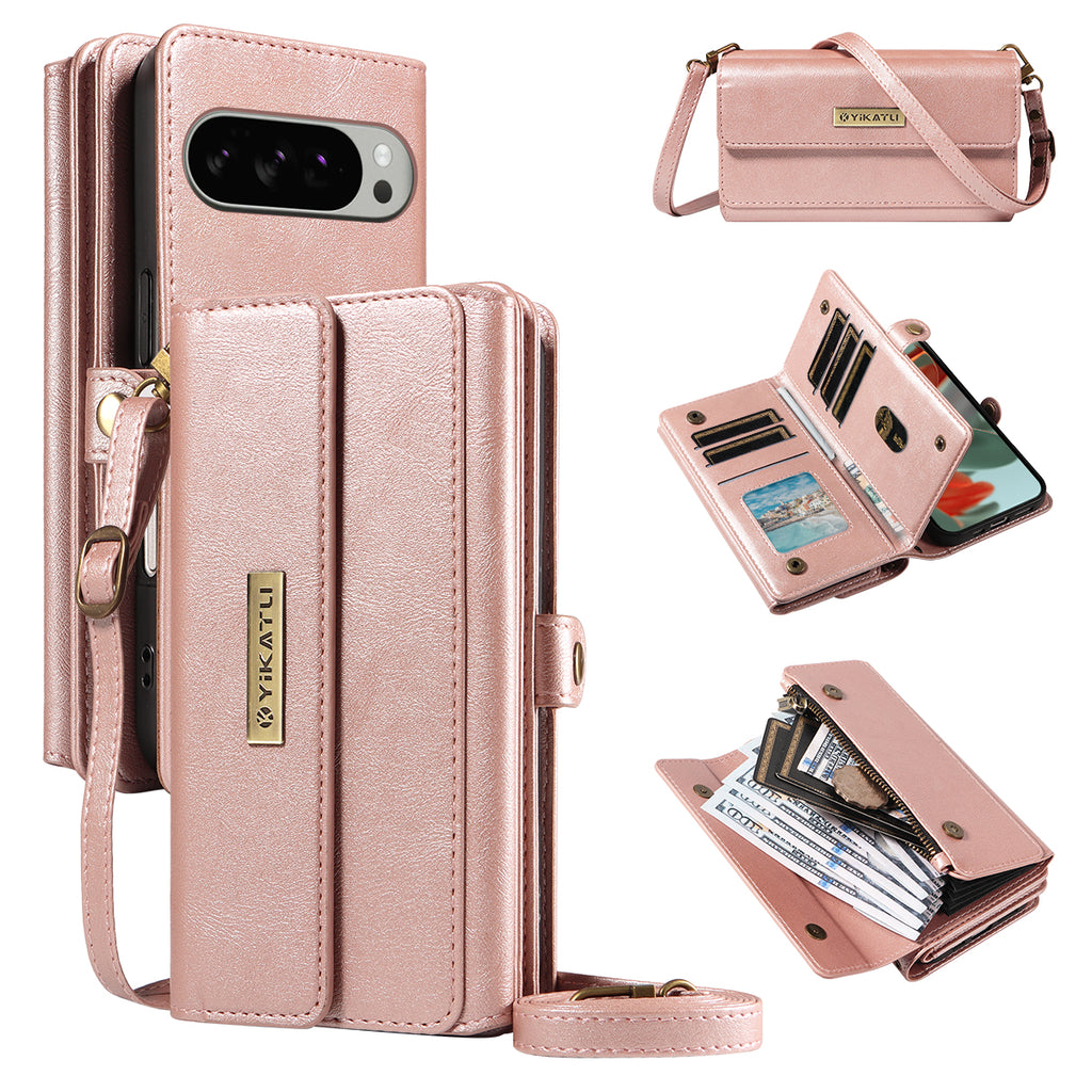 For Google Pixel 9 Pro XL / Google Pixel 10 Pro XL Case YIKATU YK-008 Zipper Wallet Leather Phone Cover with Shoulder Strap
