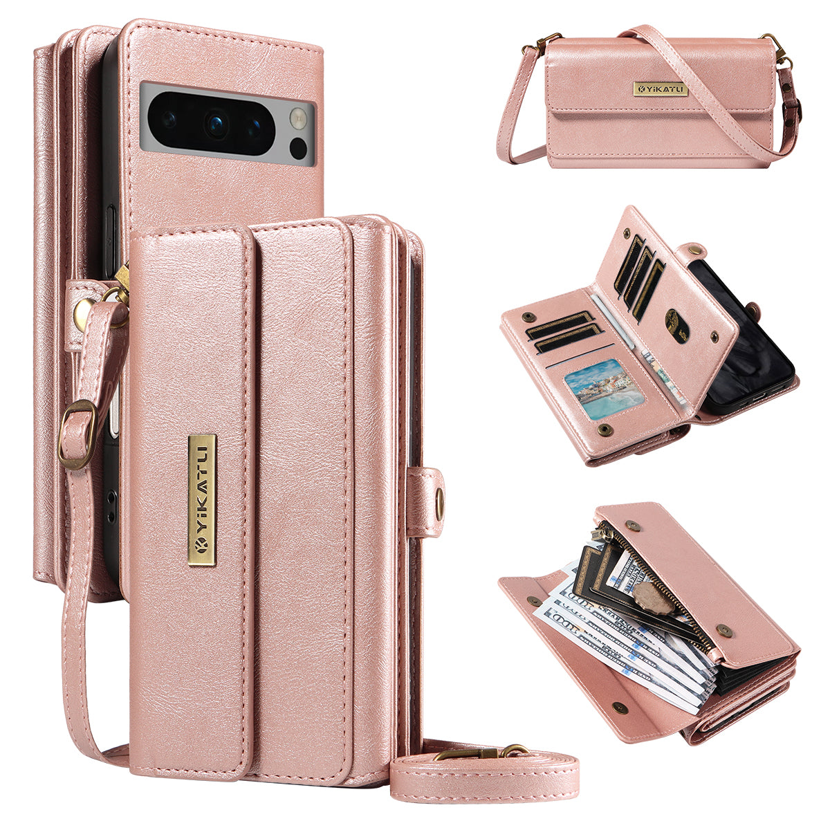 For Google Pixel 8 Pro Case YIKATU YK-008 Zipper Wallet Leather Phone Cover with Shoulder Strap