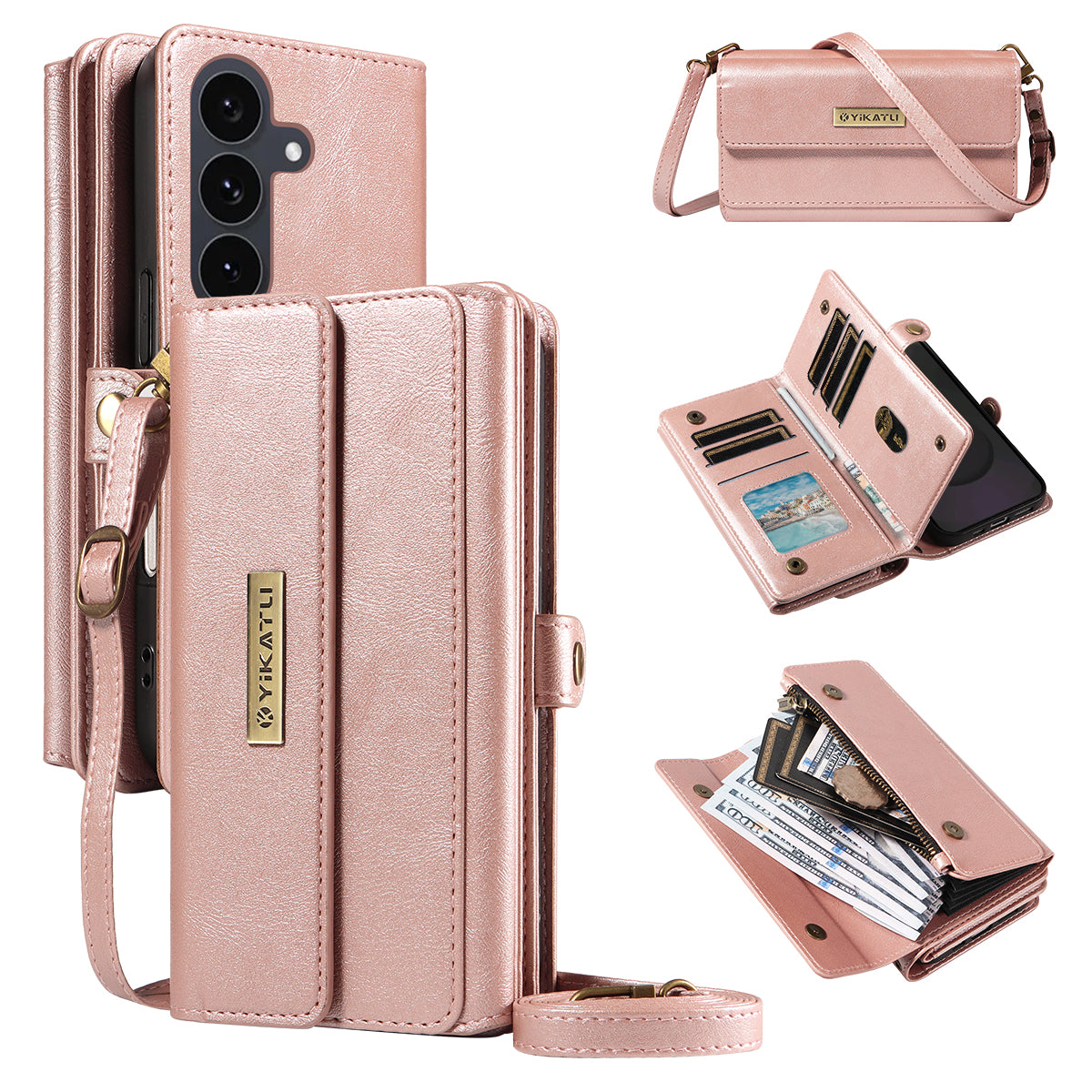For Samsung Galaxy S25 FE Case YIKATU YK-008 Zipper Wallet Leather Phone Cover with Shoulder Strap