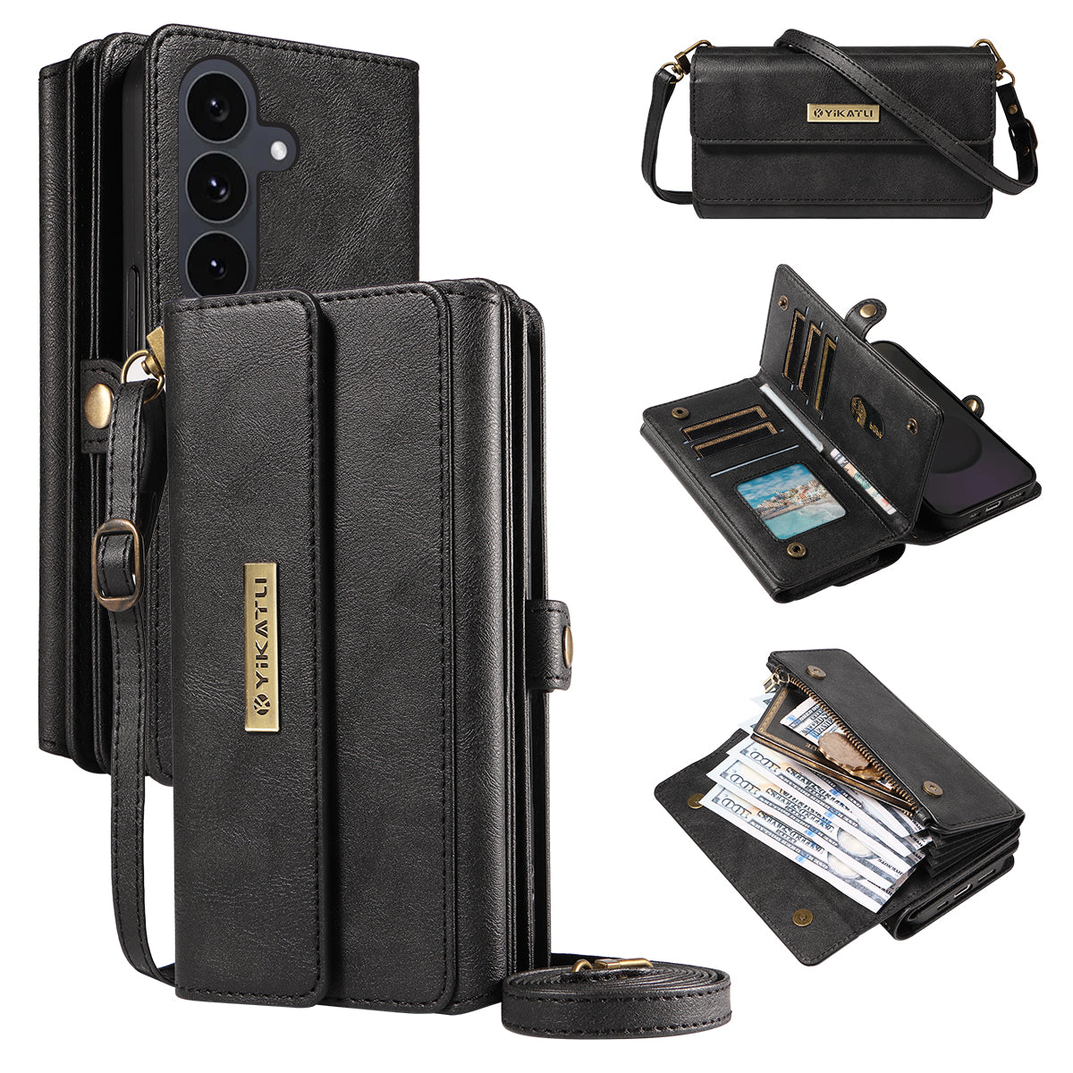For Samsung Galaxy S25 FE Case YIKATU YK-008 Zipper Wallet Leather Phone Cover with Shoulder Strap