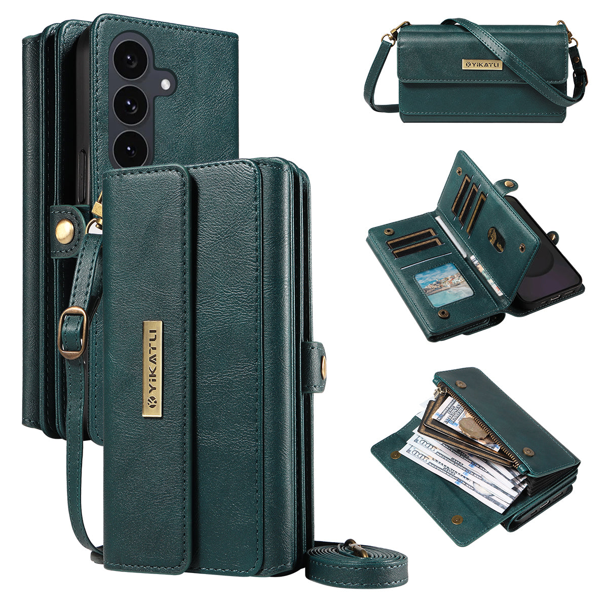 For Samsung Galaxy S25 FE Case YIKATU YK-008 Zipper Wallet Leather Phone Cover with Shoulder Strap