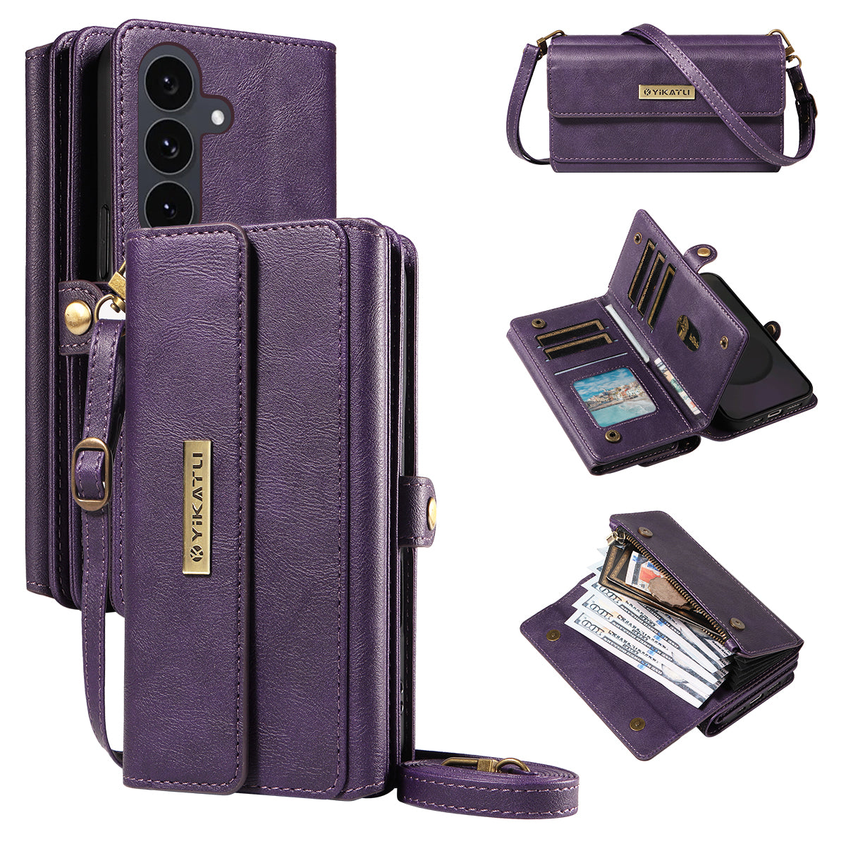 For Samsung Galaxy S25 FE Case YIKATU YK-008 Zipper Wallet Leather Phone Cover with Shoulder Strap