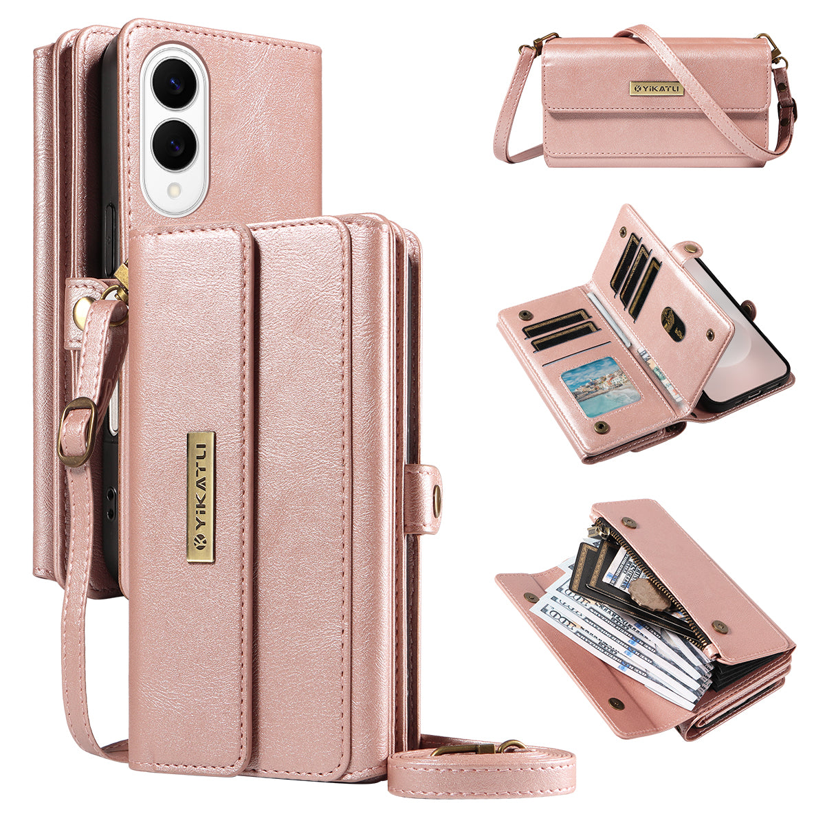 For Samsung Galaxy S25 Edge Case YIKATU YK-008 Zipper Wallet Leather Phone Cover with Shoulder Strap
