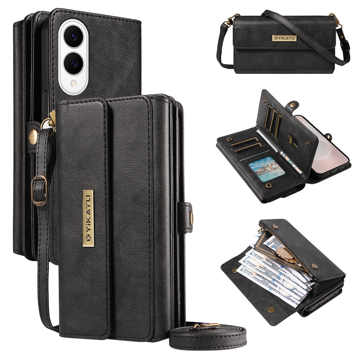 For Samsung Galaxy S25 Edge Case YIKATU YK-008 Zipper Wallet Leather Phone Cover with Shoulder Strap