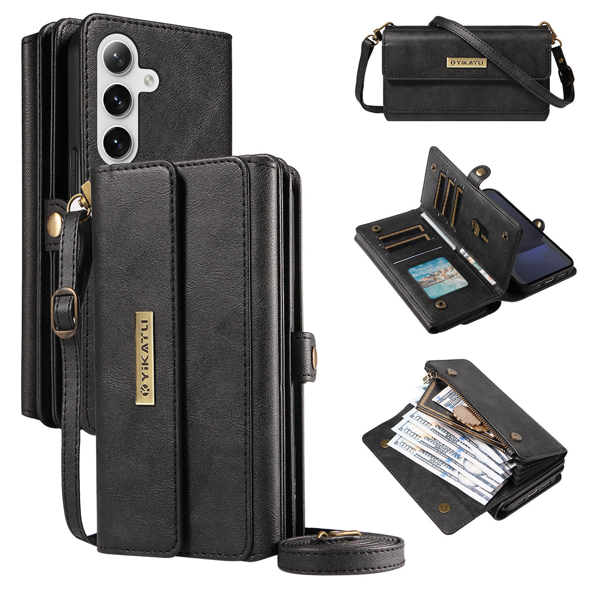 For Samsung Galaxy S24 FE Case YIKATU YK-008 Zipper Wallet Leather Phone Cover with Shoulder Strap