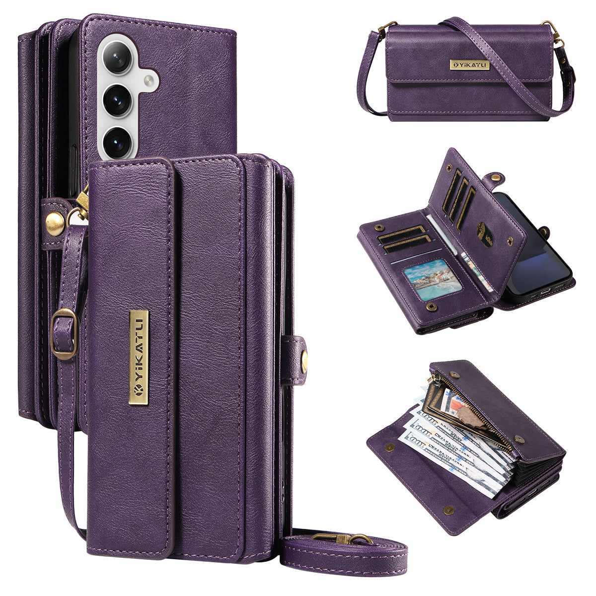 For Samsung Galaxy S24 FE Case YIKATU YK-008 Zipper Wallet Leather Phone Cover with Shoulder Strap