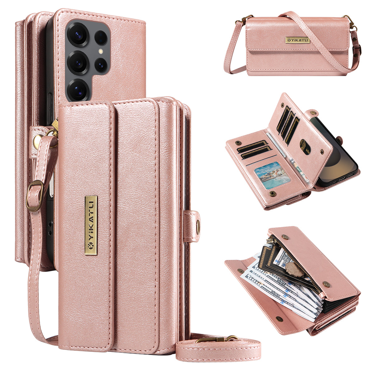 For Samsung Galaxy S25 Ultra Case YIKATU YK-008 Zipper Wallet Leather Phone Cover with Shoulder Strap