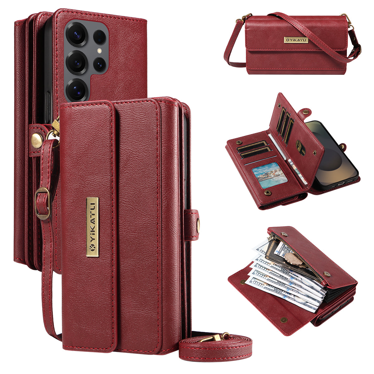 For Samsung Galaxy S25 Ultra Case YIKATU YK-008 Zipper Wallet Leather Phone Cover with Shoulder Strap