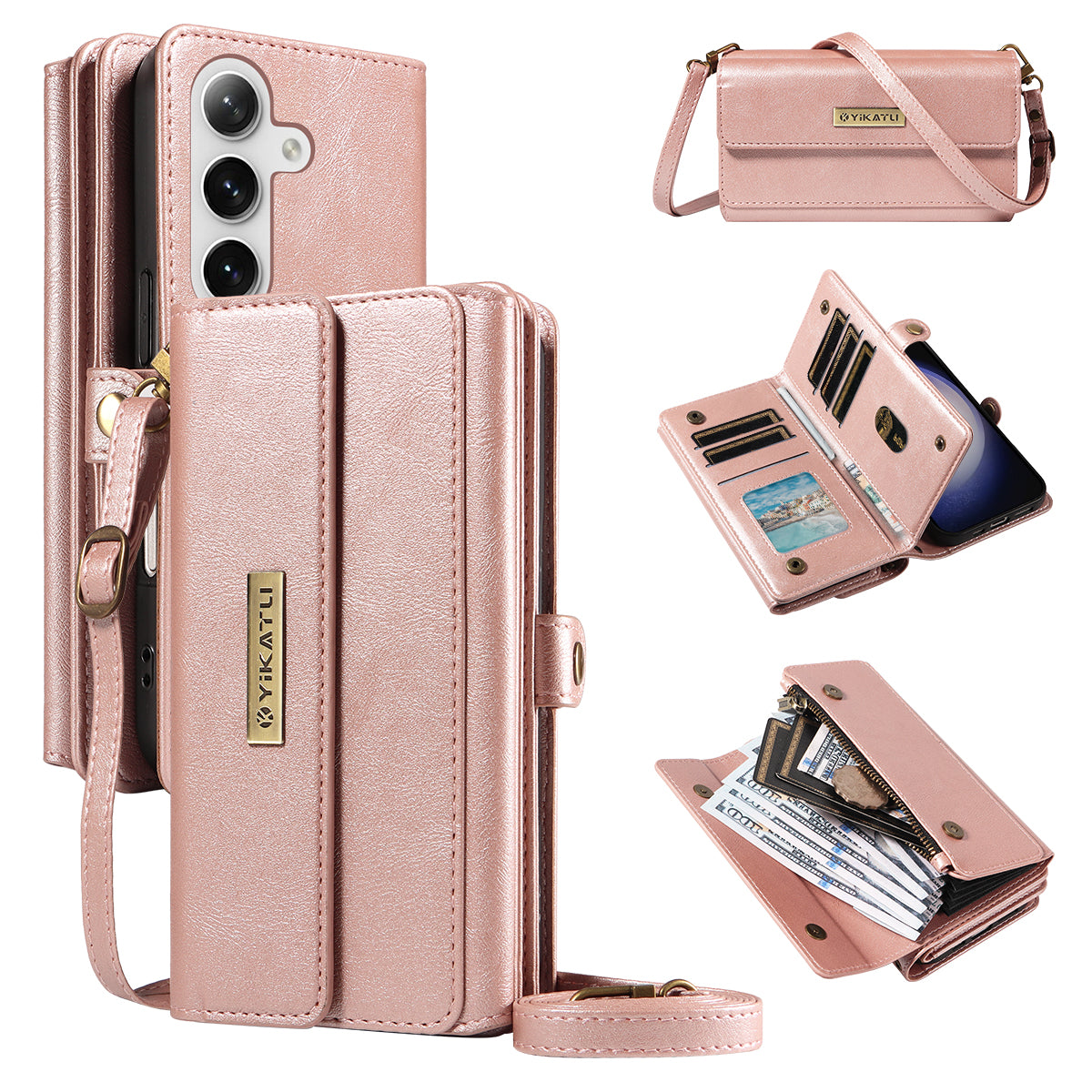 For Samsung Galaxy S25+ / Galaxy S24+ Case YIKATU YK-008 Zipper Wallet Leather Phone Cover with Shoulder Strap