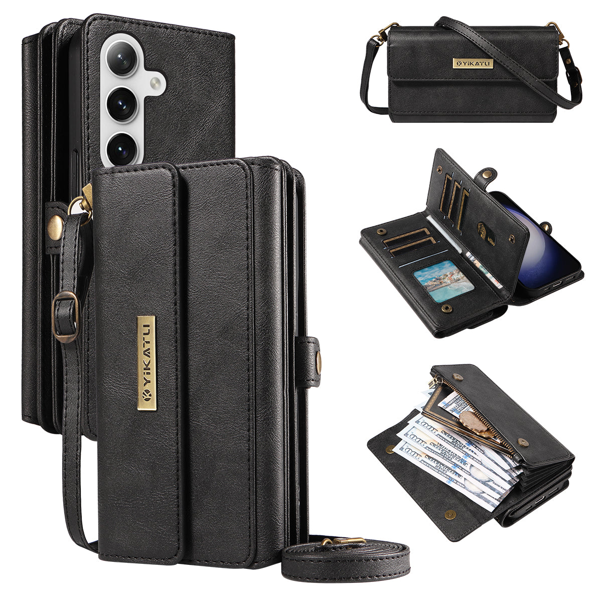 For Samsung Galaxy S25+ / Galaxy S24+ Case YIKATU YK-008 Zipper Wallet Leather Phone Cover with Shoulder Strap