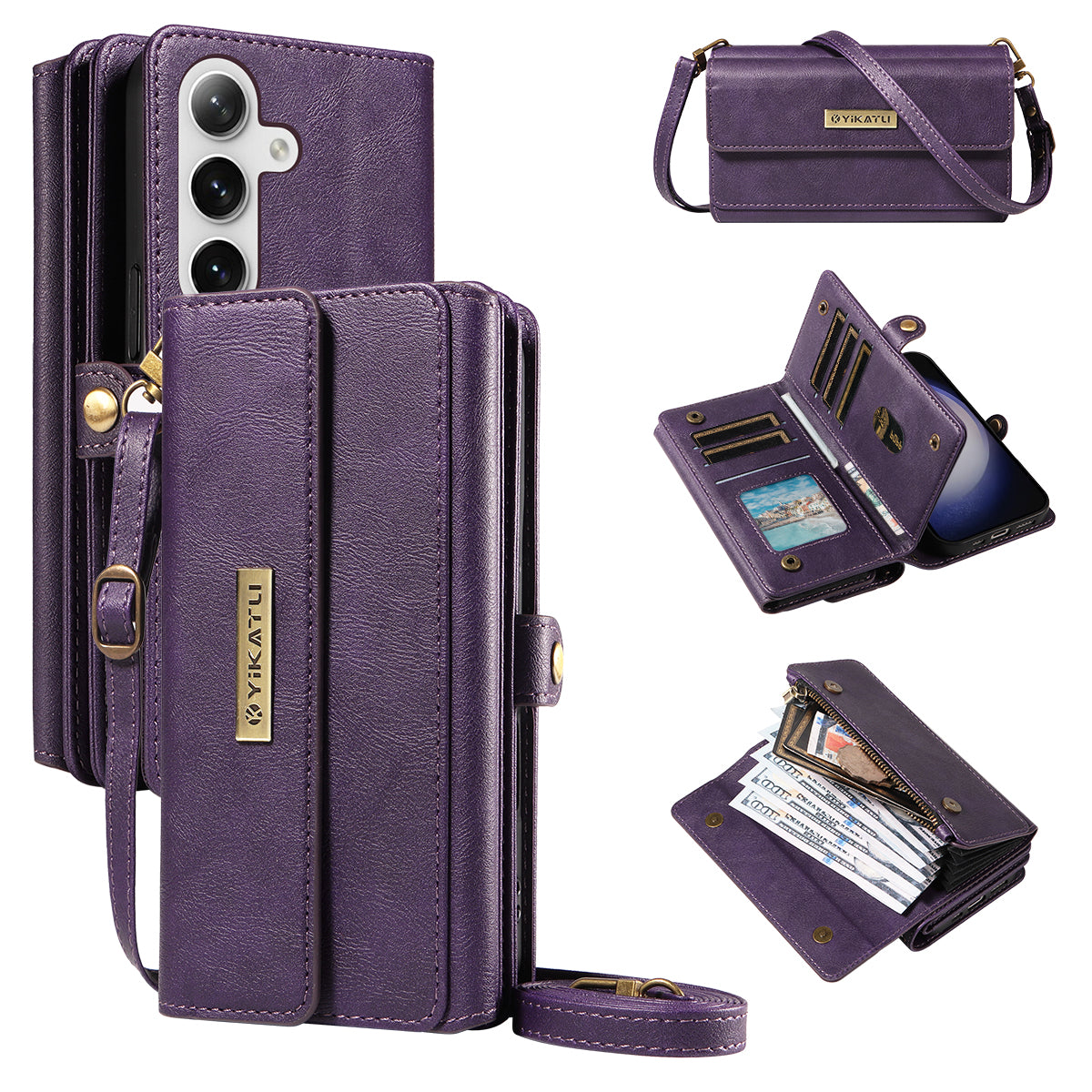 For Samsung Galaxy S25+ / Galaxy S24+ Case YIKATU YK-008 Zipper Wallet Leather Phone Cover with Shoulder Strap