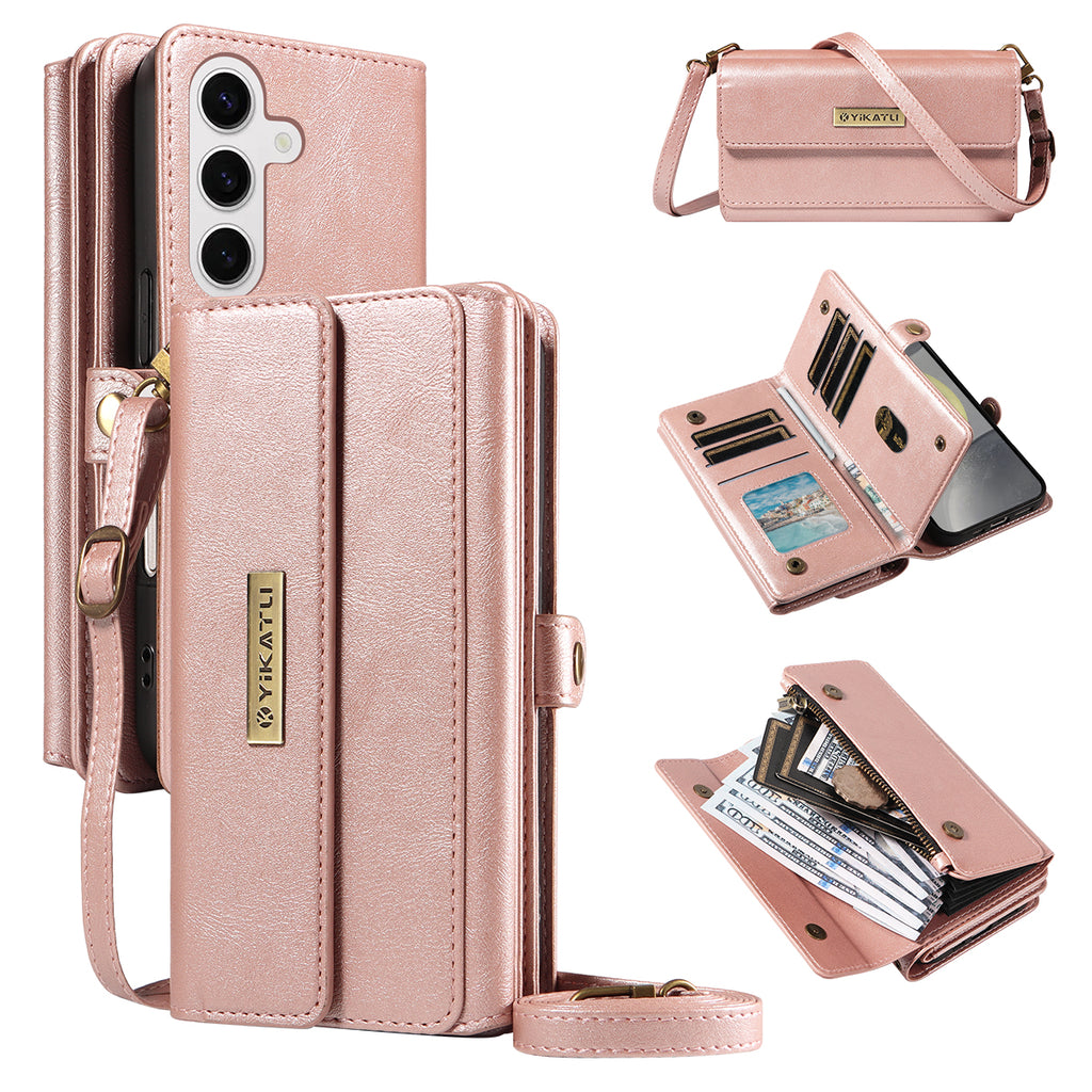 For Samsung Galaxy S25 / Galaxy S24 Case YIKATU YK-008 Zipper Wallet Leather Phone Cover with Shoulder Strap
