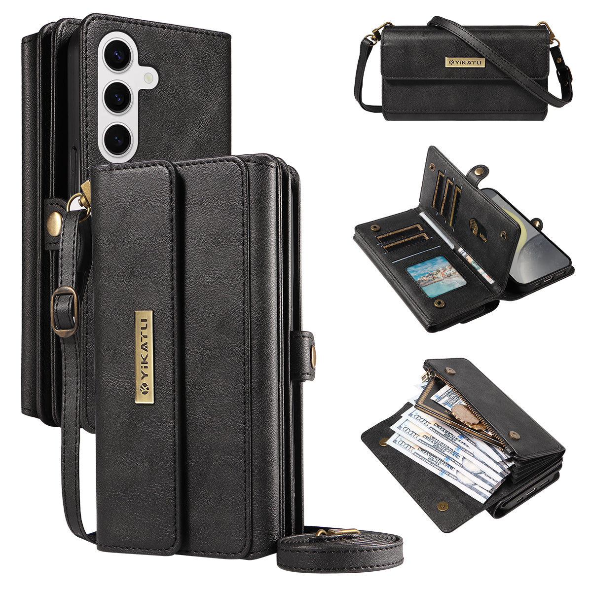 For Samsung Galaxy S25 / Galaxy S24 Case YIKATU YK-008 Zipper Wallet Leather Phone Cover with Shoulder Strap