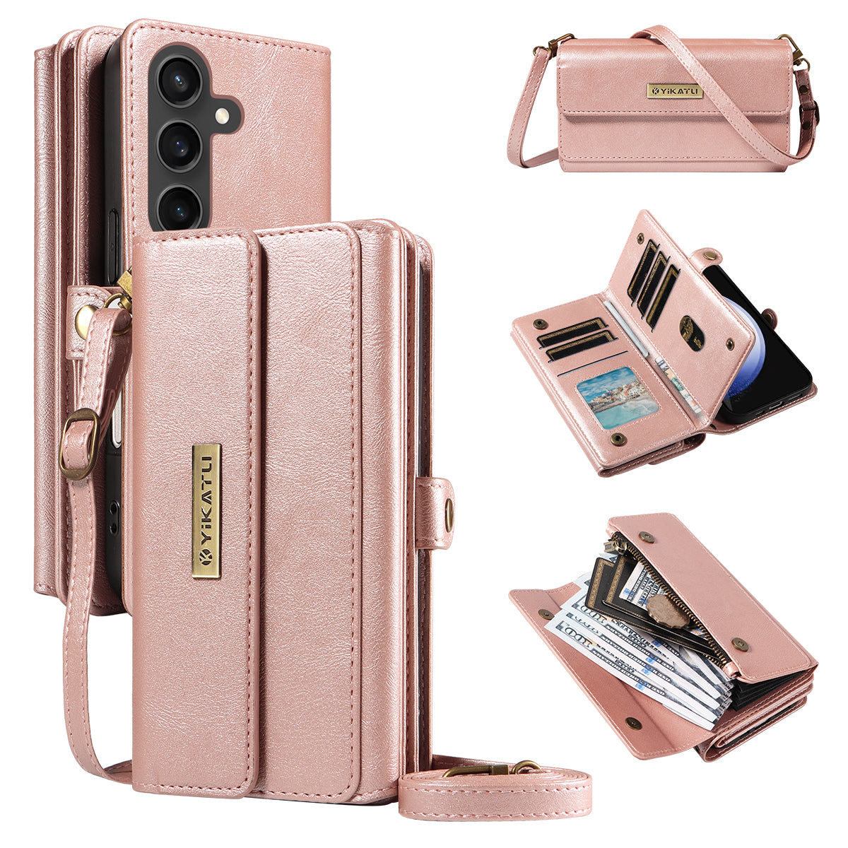 For Samsung Galaxy S23 FE Case YIKATU YK-008 Zipper Wallet Leather Phone Cover with Shoulder Strap