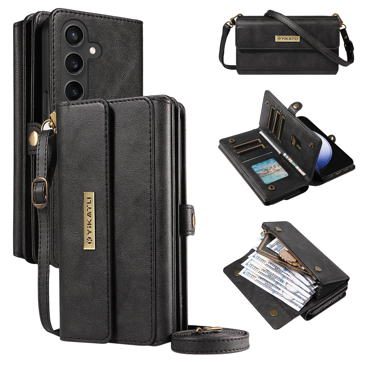 For Samsung Galaxy S23 FE Case YIKATU YK-008 Zipper Wallet Leather Phone Cover with Shoulder Strap