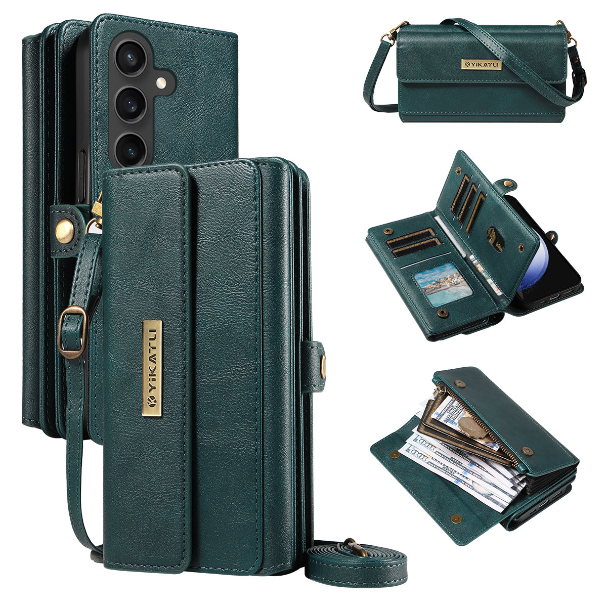 For Samsung Galaxy S23 FE Case YIKATU YK-008 Zipper Wallet Leather Phone Cover with Shoulder Strap