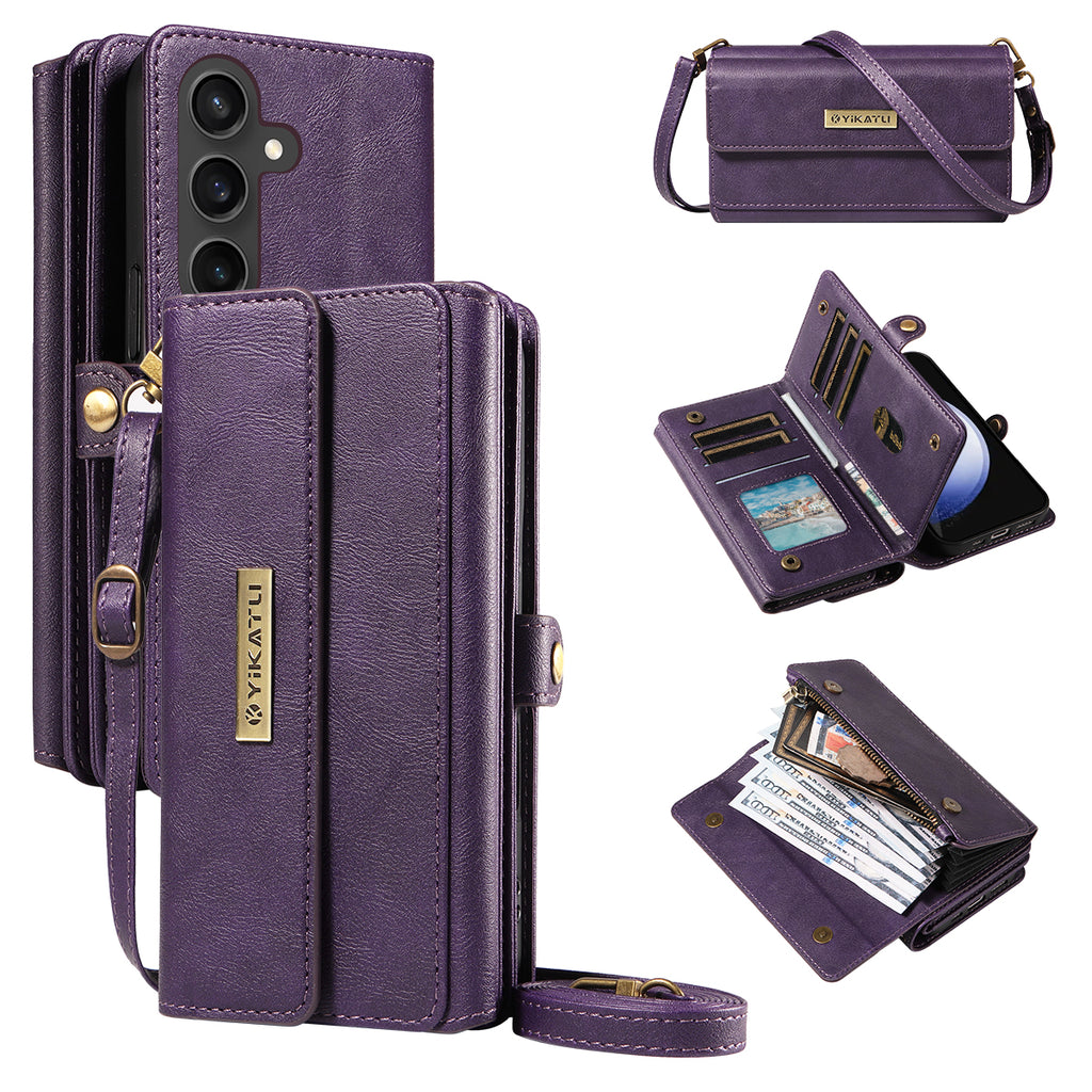 For Samsung Galaxy S23 FE Case YIKATU YK-008 Zipper Wallet Leather Phone Cover with Shoulder Strap