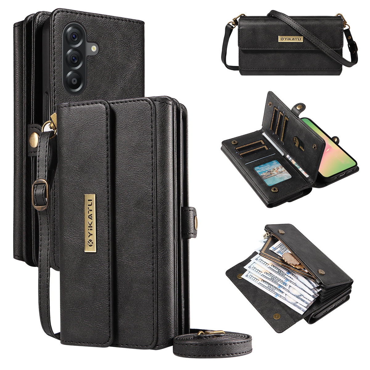 For Samsung Galaxy A56 5G / Galaxy M56 5G Case YIKATU YK-008 Zipper Wallet Leather Phone Cover with Shoulder Strap