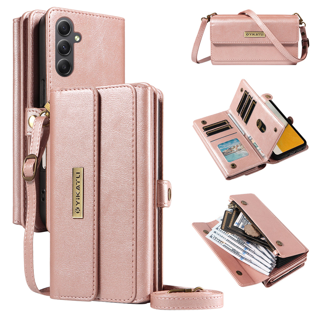 For Samsung Galaxy A34 5G Case YIKATU YK-008 Zipper Wallet Leather Phone Cover with Shoulder Strap