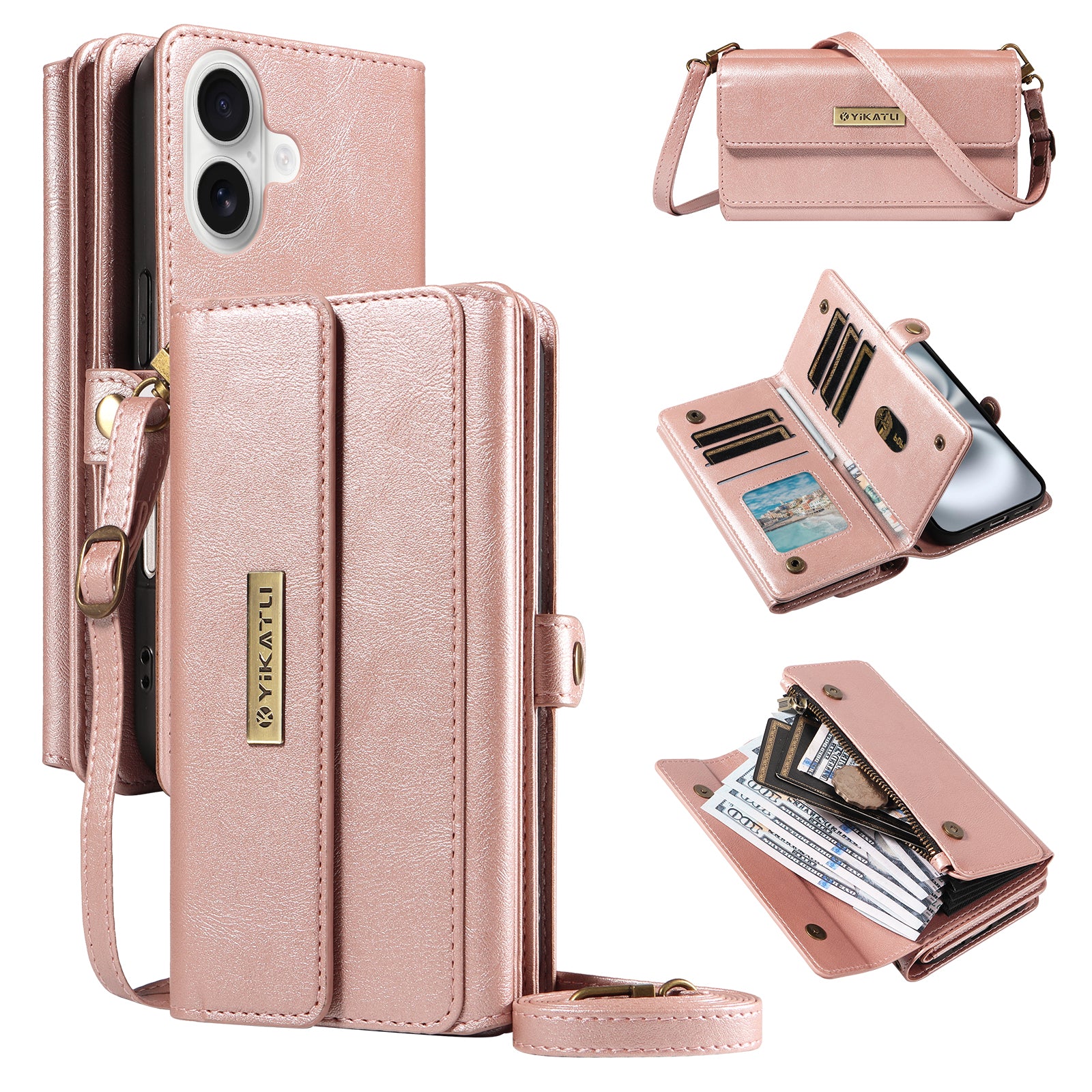 For iPhone 16 Case YIKATU YK-008 Zipper Wallet Leather Phone Cover with Shoulder Strap