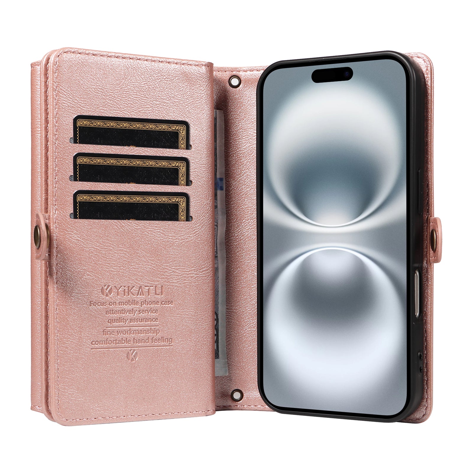 For iPhone 16 Case YIKATU YK-008 Zipper Wallet Leather Phone Cover with Shoulder Strap