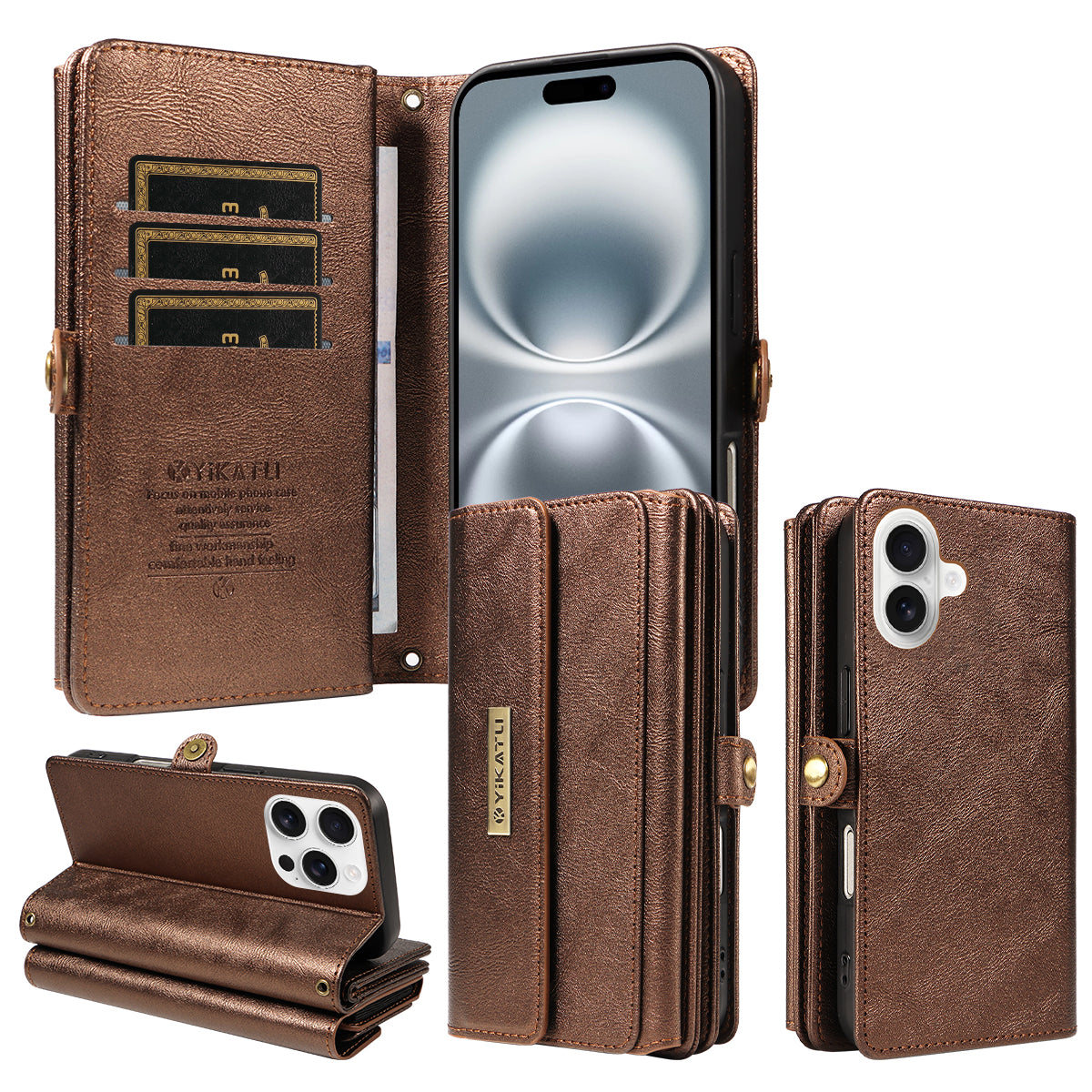 For iPhone 16 Case YIKATU YK-008 Zipper Wallet Leather Phone Cover with Shoulder Strap