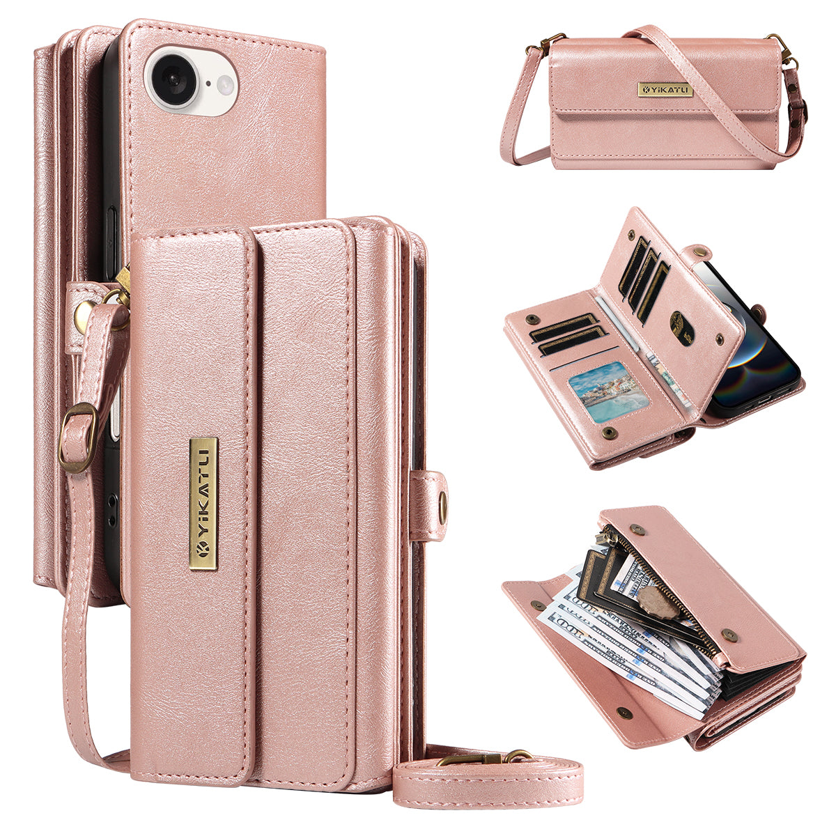 For iPhone 16e Case YIKATU YK-008 Zipper Wallet Leather Phone Cover with Shoulder Strap