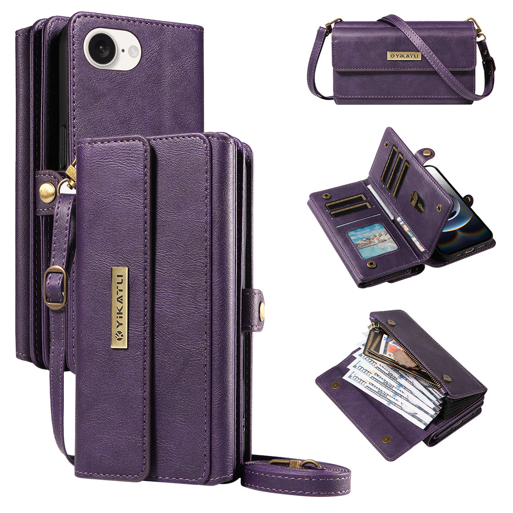 For iPhone 16e Case YIKATU YK-008 Zipper Wallet Leather Phone Cover with Shoulder Strap