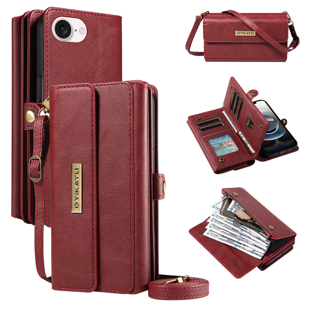 For iPhone 16e Case YIKATU YK-008 Zipper Wallet Leather Phone Cover with Shoulder Strap