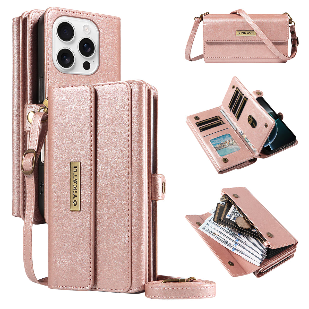 For iPhone 16 Pro Max Case YIKATU YK-008 Zipper Wallet Leather Phone Cover with Shoulder Strap