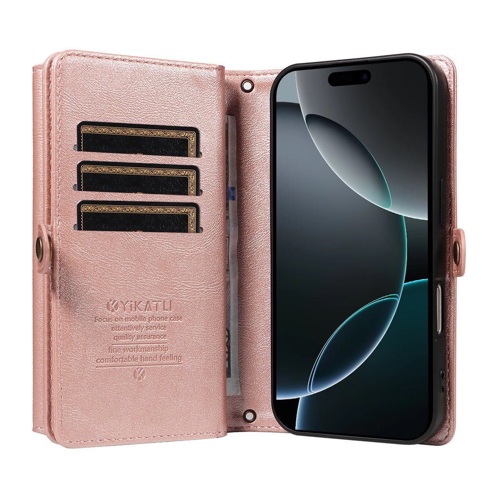 Étui portefeuille zippé en cuir YIKATU YK-008 pour iPhone 16 Pro Max avec bandoulière