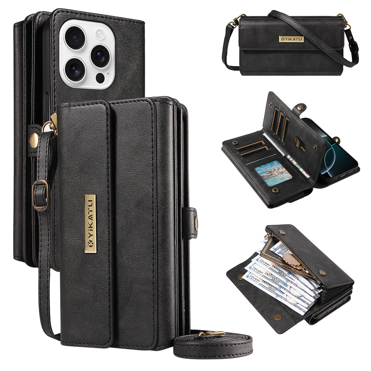 For iPhone 16 Pro Max Case YIKATU YK-008 Zipper Wallet Leather Phone Cover with Shoulder Strap