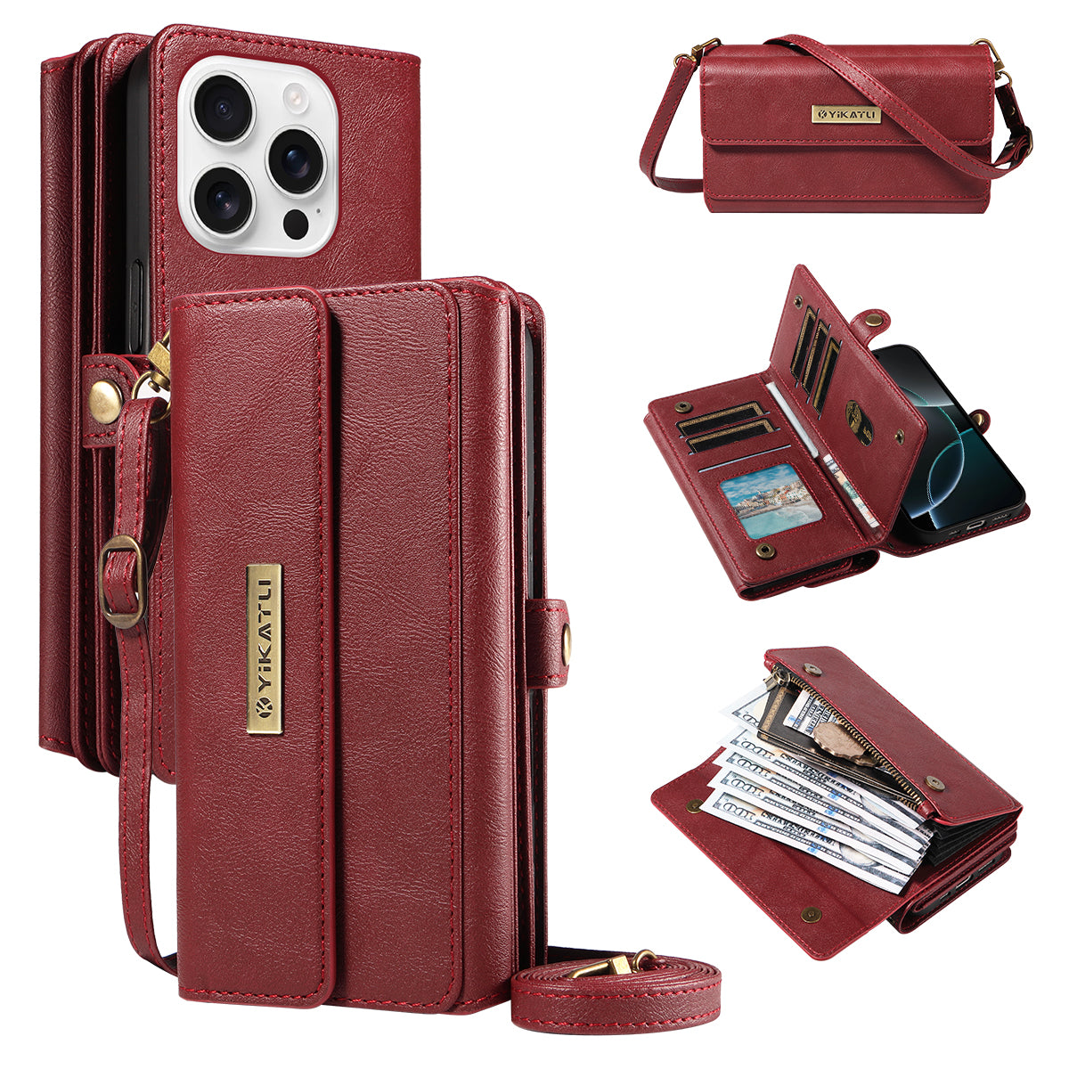 For iPhone 16 Pro Max Case YIKATU YK-008 Zipper Wallet Leather Phone Cover with Shoulder Strap