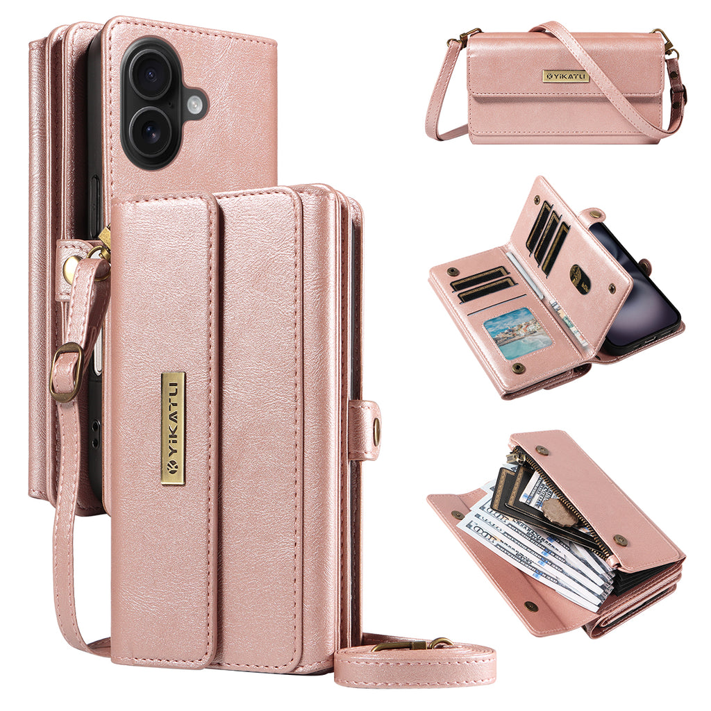 For iPhone 16 Plus Case YIKATU YK-008 Zipper Wallet Leather Phone Cover with Shoulder Strap