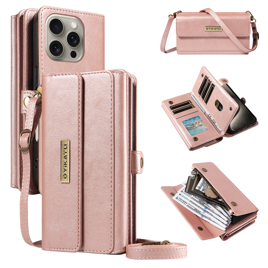 For iPhone 15 Pro Max Case YIKATU YK-008 Zipper Wallet Leather Phone Cover with Shoulder Strap