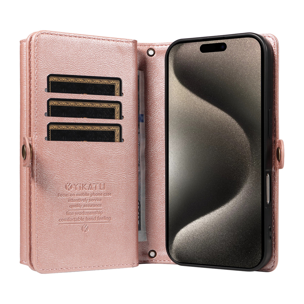 For iPhone 15 Pro Max Case YIKATU YK-008 Zipper Wallet Leather Phone Cover with Shoulder Strap