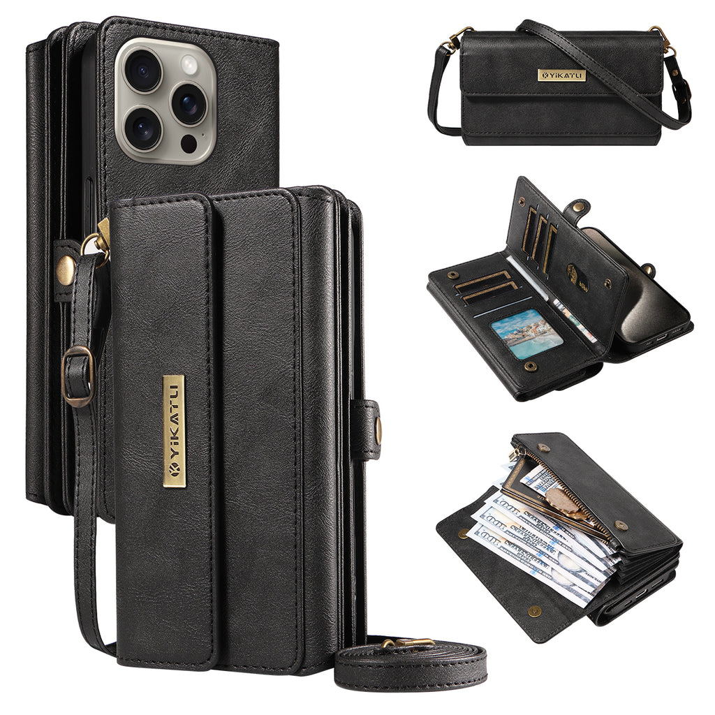 For iPhone 15 Pro Max Case YIKATU YK-008 Zipper Wallet Leather Phone Cover with Shoulder Strap